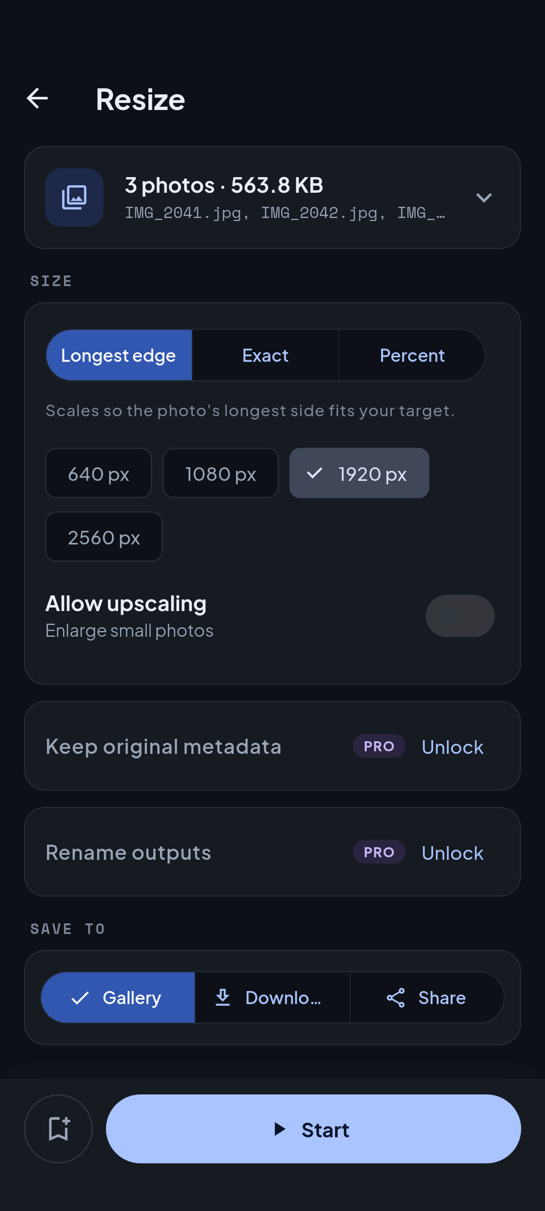 Imgport resize configuration screen with mode segmented control, size presets, an upscale switch, Pro-locked keep-metadata and rename options, and a save destination picker.